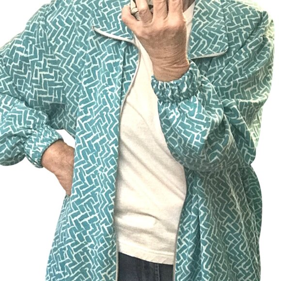 Silver Threads Windbreaker Jacket: Vintage 70s Lightweight Zippered Turquoise L - Picture 4 of 10